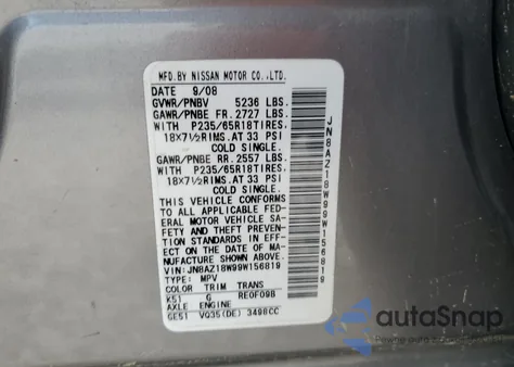 2009 Nissan Murano S z USA, uszkodzony, nr VIN JN8AZ18W99W156819